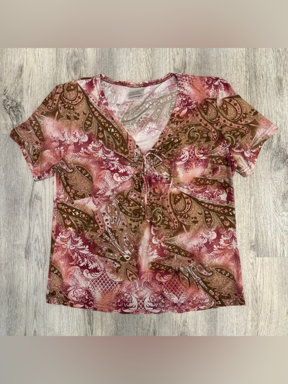 Fiorlini Paisley Tie Front Top Brown Pink Boho Y2K Blouse Small